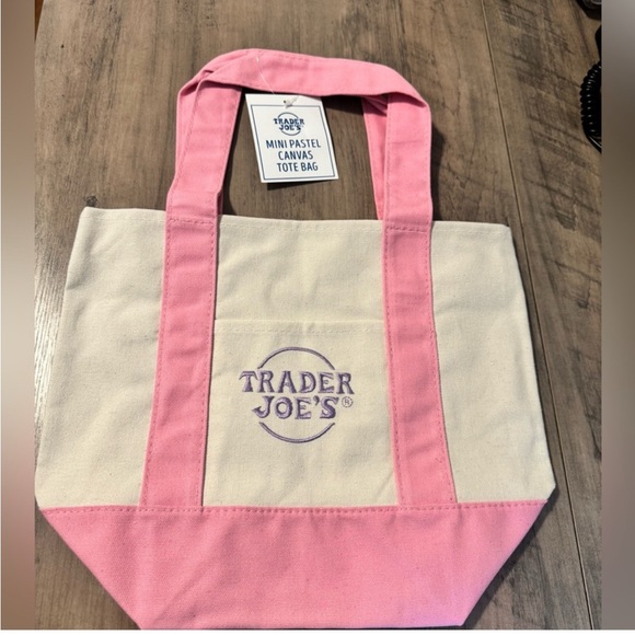NEW Trader Joe’s Mini Pink and Cream Canvas Tote Bag - Picture 1 of 3